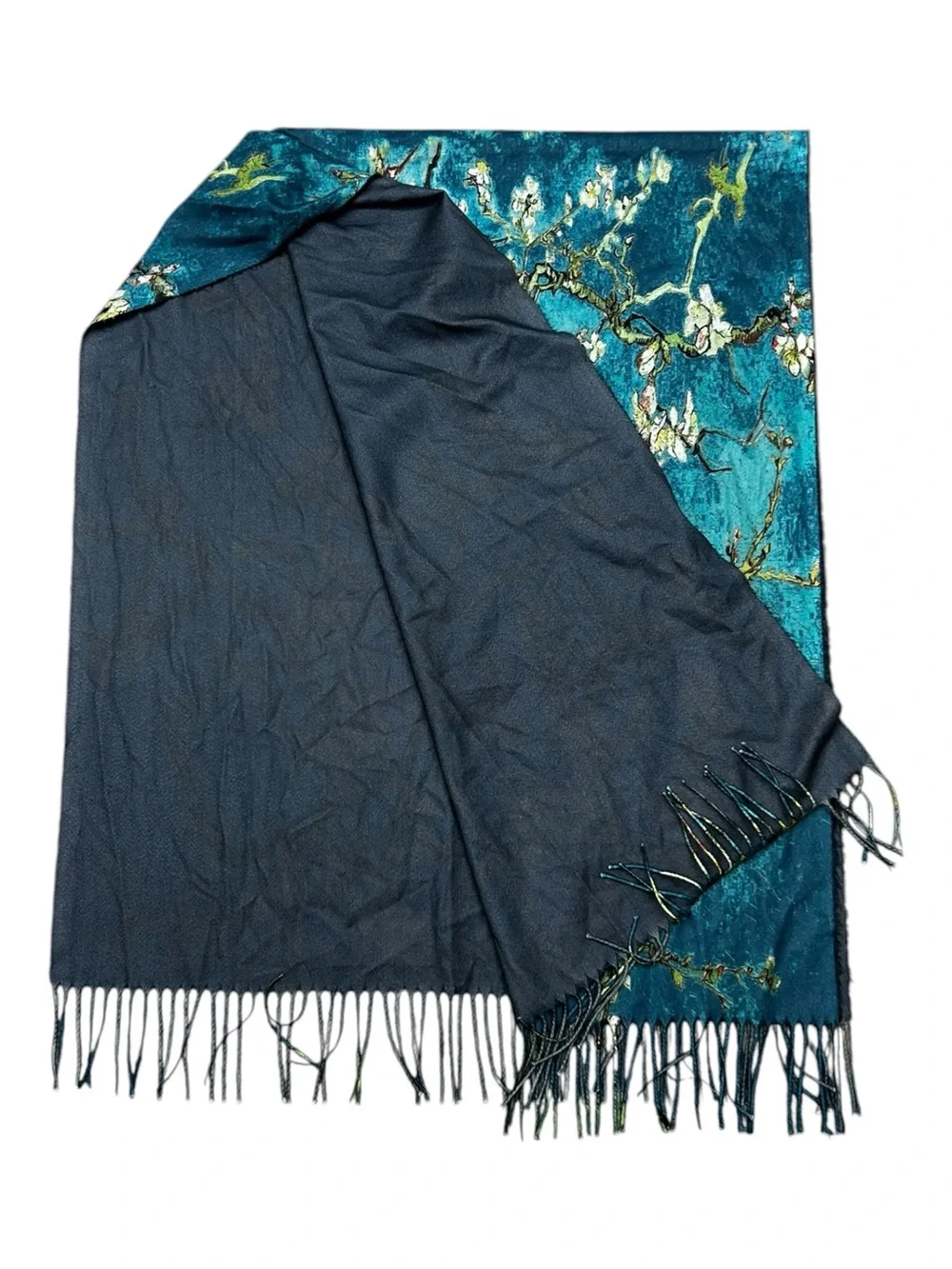 Van Gogh Almond Blossom Art Shawl Wrap Fringe Scarf Blue Floral Wool Blend